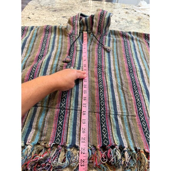 Earthbound Trading Cotton O/S Colorful Cotton Baja Poncho Hoodie Fringe Read - Picture 5 of 9